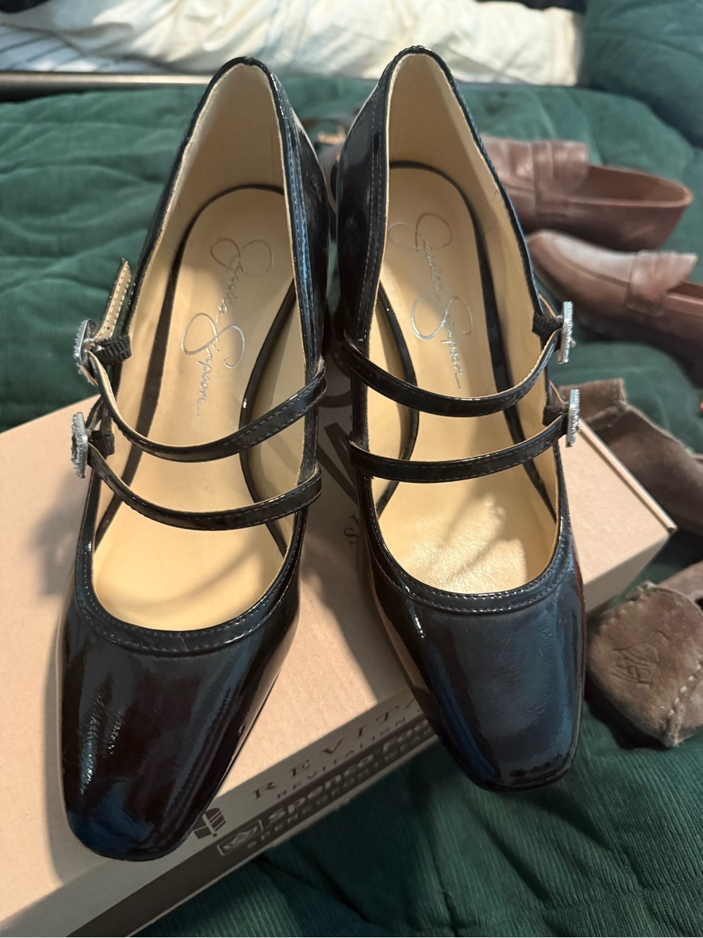 Jessica Simpson Black Patent Triple-Strap Mary Jane Heels